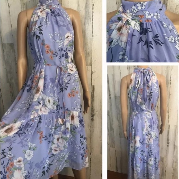 Eliza J floral Midi dress Blue Floral Print Chiffon Belted High Bow Tie Neck Sz8 - Picture 4 of 15